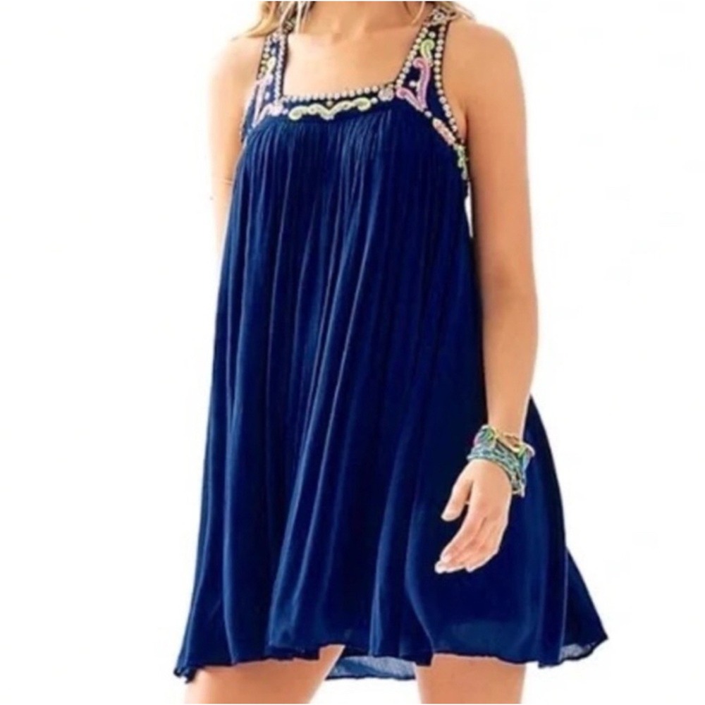 Lilly Pulitzer Women's Embellished Lorna Dress Trapeze Swing Mini Beaded Navy XS
